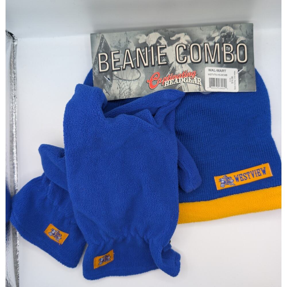 Westview Beanie & Gloves Combo Set –Blue & Gold Fleece Winter Gear NEW with Tags